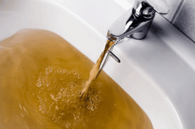 Dirty water comes out of a silver faucet