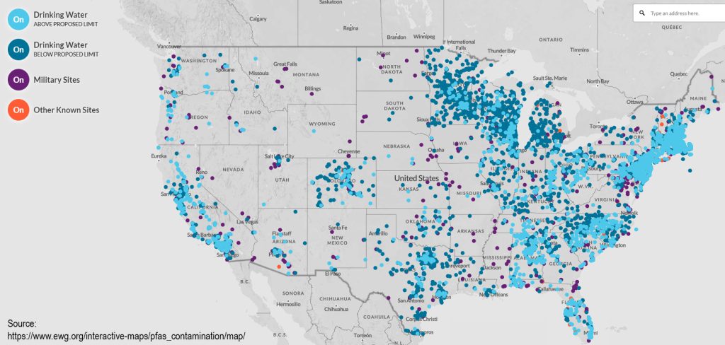 EWG contamination map of PFAS in water supply